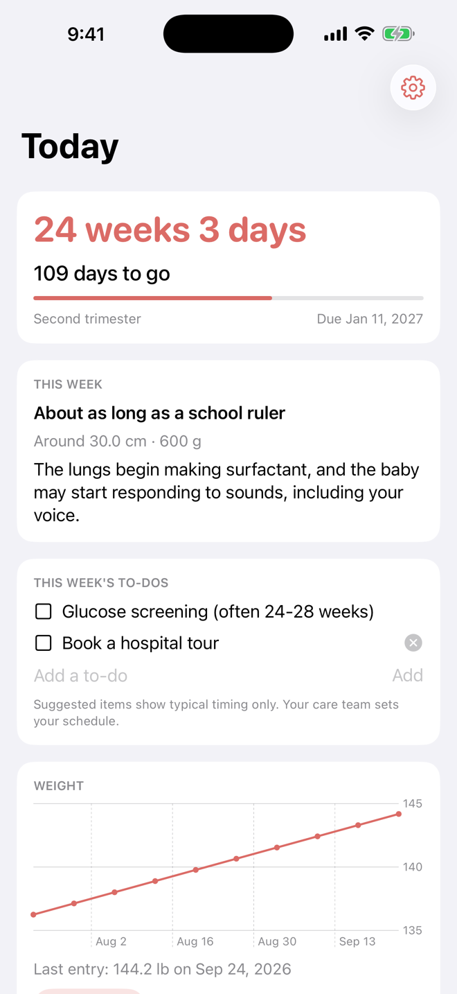 The app’s Today screen with the countdown, this week’s notes, to-dos and a weight chart
