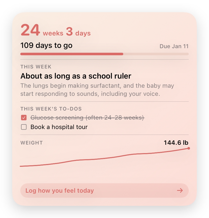 Large widget: 24 weeks 3 days, 109 days to go, this week’s changes, two to-dos and a weight trend line